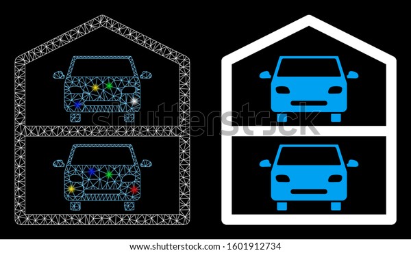 Flare mesh\
multi-storey car park icon with glare effect. Abstract illuminated\
model of multi-storey car park. Shiny wire carcass triangular mesh\
multi-storey car park\
icon.