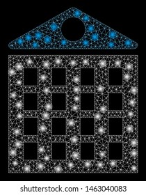 Flare mesh multi-storey house with glare effect. Abstract illuminated model of multi-storey house icon. Shiny wire carcass triangular network multi-storey house.
