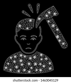 Flare mesh murder with hammer with glitter effect. Abstract illuminated model of murder with hammer icon. Shiny wire frame triangular mesh murder with hammer. Vector abstraction on a black background.