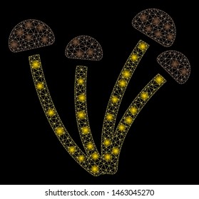 Flare mesh mushrooms with glare effect. Abstract illuminated model of mushrooms icon. Shiny wire carcass polygonal mesh mushrooms. Vector abstraction on a black background.
