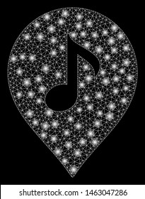 Flare mesh music marker with lightspot effect. Abstract illuminated model of music marker icon. Shiny wire carcass polygonal mesh music marker. Vector abstraction on a black background.