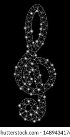 Flare mesh musical notation with glare effect. Abstract illuminated model of musical notation icon. Shiny wire carcass polygonal mesh musical notation. Vector abstraction on a black background.