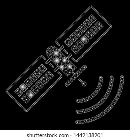 Flare mesh navigation satellite with sparkle effect. Abstract illuminated model of navigation satellite icon. Shiny wire frame triangular mesh navigation satellite.