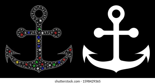 Flare mesh navy anchor icon with glare effect. Abstract illuminated model of navy anchor. Shiny wire carcass triangular mesh navy anchor icon. Vector abstraction on a black background.