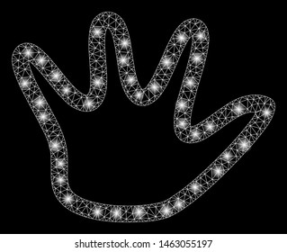 Flare mesh negation gesture with glitter effect. Abstract illuminated model of negation gesture icon. Shiny wire carcass triangular mesh negation gesture. Vector abstraction on a black background.