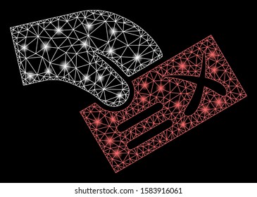 Flare mesh negative vote with lightspot effect. Abstract illuminated model of negative vote icon. Shiny wire frame triangular mesh negative vote. Vector abstraction on a black background.