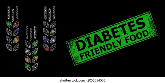 Flare mesh net barley crop with multicolored light spots, and grunge Diabetes Friendly Food stamp. Green stamp contains Diabetes Friendly Food title inside framed rectangle.