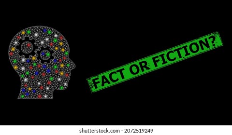 Flare mesh net brain gears with multicolored lightspots, and grunge Fact or Fiction unknown stamp. Green stamp includes Fact or Fiction unknown tag inside framed rectangle.