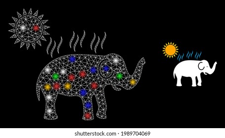 elefante de malla de carne bajo el calor del sol con puntos brillantes multicolores. Malla vectorial de constelación creada a partir del elefante bajo el icono del calor solar. elefante poligonal de espuma bajo celo solar,