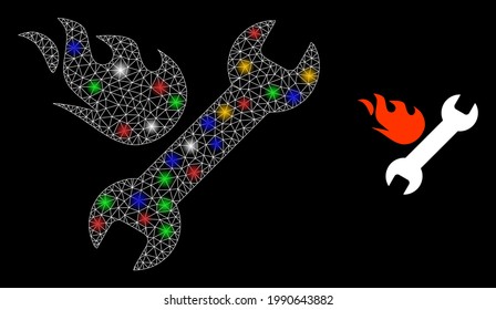 Flare mesh net fast repair with multicolored lightspots. Constellation vector structure created from fast repair pictogram. Sparkle constellation mesh fast repair, on a black backgound.