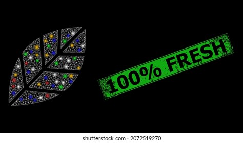 Flare mesh net herbal leaf with multi colored light dots, and grunge 100 discount Fresh seal stamp. Green stamp includes 100 discount Fresh caption inside framed rectangle.