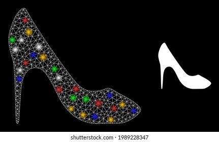 Flare mesh net high heel shoe with vibrant lightspots. Constellation vector mesh created from high heel shoe pictogram. Sparkle frame mesh high heel shoe, on a black backgound.