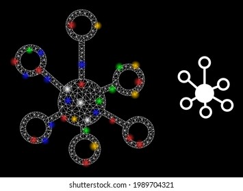 Flare mesh net relations with colored light spots. Constellation vector structure created from relations pictogram. Sparkle constellation mesh relations, on a black backgound.
