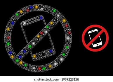 Flare mesh net smartphone restricted with multicolored light spots. Illuminated vector frame created from smartphone restricted symbol. Sparkle frame mesh smartphone restricted, on a black backgound.