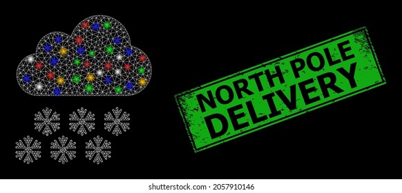 Flare mesh net snow cloud with multicolored bright dots, and grunge North Pole Delivery seal stamp. Green stamp seal has North Pole Delivery tag inside framed rectangle.
