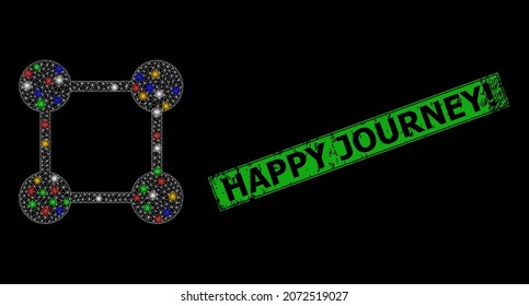 Flare mesh net square grid centers with colored light dots, and grunge Happy Journey seal. Green seal includes Happy Journey title inside framed rectangle.