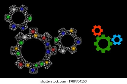 Flare mesh net top gear with colorful flash nodes. Constellation vector mesh created from top gear pictogram. Sparkle frame mesh top gear, on a black backgound.