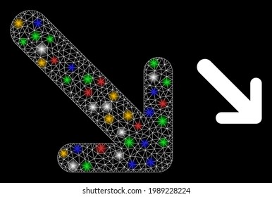 Flare mesh network arrow down right with multicolored light spots. Constellation vector mesh created from arrow down right icon. Sparkle constellation wired arrow down right, on a black backgound.