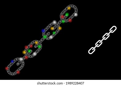 Flache Netzkette mit mehrfarbigen, hellen Punkten. Konstellationsvektorrahmen, erstellt aus Kettensymbol. Sparkle Konstellation Maschenkette auf schwarzem Hintergrund.