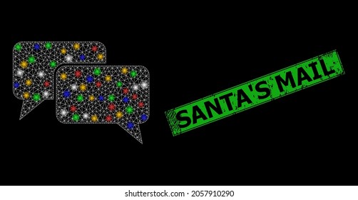 Flare mesh network chat Nachrichten mit lebhaften, hellen Punkten und grunge Weihnachtsstempel. Grüne Stempelrobbe hat die Bildunterschrift des Weihnachtsmannes im gerahmten Rechteck.