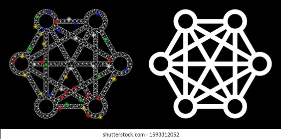 Flare mesh network connections icon with glitter effect. Abstract illuminated model of network connections. Shiny wire carcass polygonal mesh network connections icon.