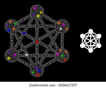 Flare mesh network constellation icon with lightspots. Illuminated vector constellation is created from network icon. Sparkle frame mesh network on a black background.