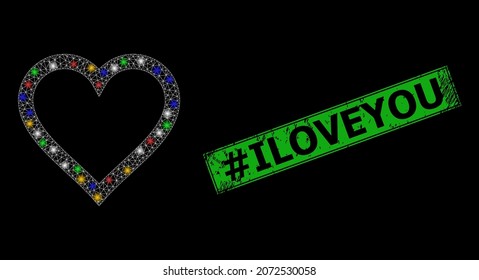 Flare mesh network contour heart with multicolored light dots, and grunge hashtag Iloveyou seal. Green stamp seal has hashtag Iloveyou title inside framed rectangle.