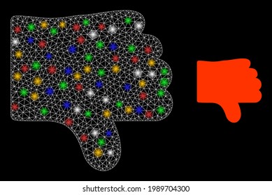 Fare Maschennetze nicht wie Daumen mit pulsierenden Lichtpunkten. Konstellation, Vektorrahmen, erstellt aus einer nicht-ähnlichen Daumensymbol. Sparkle Konstellationsnetz nicht wie Daumen, auf schwarzem Hintergrund.