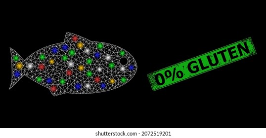 Flare mesh network fish with colorful glowing spots, and grunge 0 discount Gluten stamp. Green stamp seal includes 0 discount Gluten text inside framed rectangle. Constellation vector mesh created