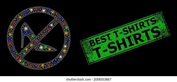 Flare mesh network forbidden lady shoes with colored light dots, and grunge Best T-Shirts seal stamp. Green stamp seal includes Best T-Shirts text inside framed rectangle.