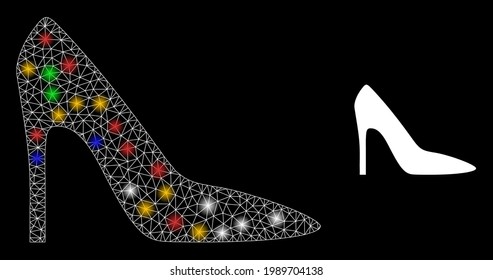 Flare mesh network high heel lady shoe with colorful bright dots. Constellation vector carcass created from high heel lady shoe pictogram. Sparkle carcass wired high heel lady shoe,