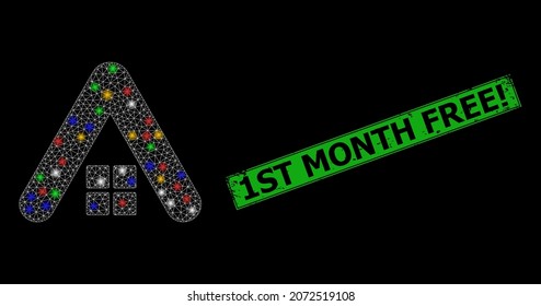 Flare mesh network home roof with multicolored lightspots, and grunge 1St Month Free seal. Green stamp seal contains 1St Month Free tag inside framed rectangle.