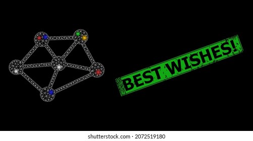 Flare mesh network net links with multi colored bright dots, and grunge Best Wishes stamp. Green stamp includes Best Wishes caption inside framed rectangle.