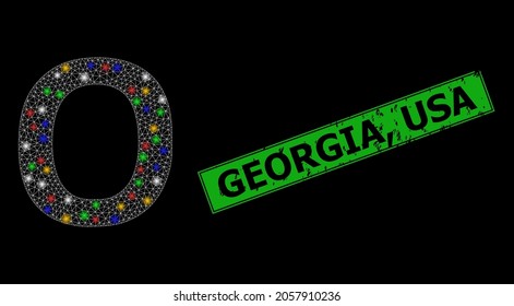 Flare mesh network Omicron Greek symbol with multi colored light dots, and grunge Georgia, USA seal. Green seal contains Georgia, USA title inside framed rectangle.