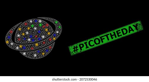 Flare mesh network planet circle with multi colored glowing spots, and grunge hashtag Picoftheday seal. Green seal has hashtag Picoftheday title inside framed rectangle.