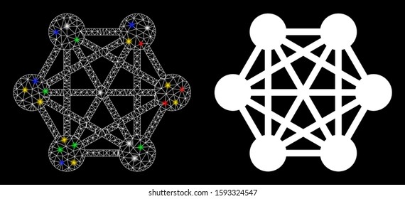 Flare mesh network relations icon with glitter effect. Abstract illuminated model of network relations. Shiny wire carcass polygonal mesh network relations icon.