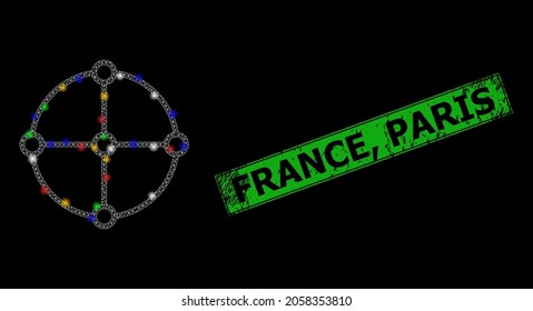Flare mesh network round grid structure with colorful flash nodes, and grunge France, Paris seal. Green seal contains France, Paris title inside framed rectangle.