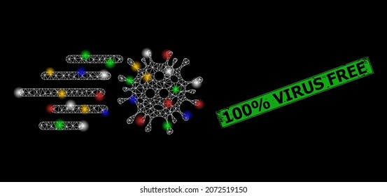 Fare-Mesh-Netzwerk-Espressevirus mit farbigen Blitzknoten und Grunge 100 Rabatt Virus Free Siegel Stempel. Green Stempel enthält 100 Rabatt Virus Free Tag in gerahmten Rechteck.