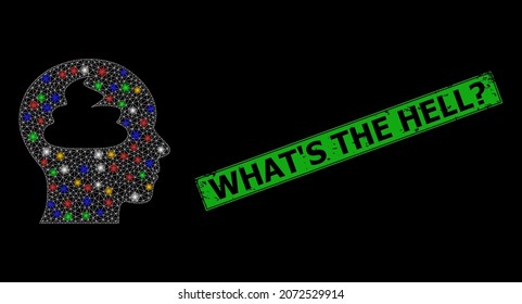 Flare mesh network shit brain with colorful bright dots, and grunge What'S the Hell unknown seal stamp. Green stamp seal includes What'S the Hell unknown text inside framed rectangle.