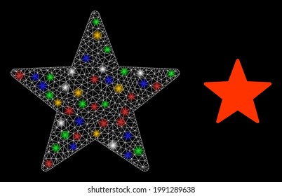 Flare mesh network star with colorful flash nodes. Constellation vector mesh created from star icon. Sparkle constellation mesh star, on a black backgound.