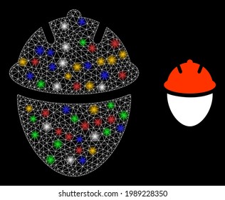 Flare mesh network worker head with multi colored light dots. Constellation vector framework created from worker head pictogram. Sparkle constellation mesh worker head, on a black backgound.