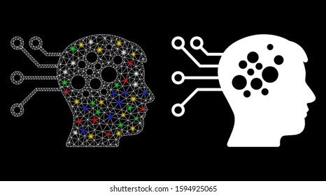 Flare mesh neural computer links icon with sparkle effect. Abstract illuminated model of neural computer links. Shiny wire frame triangular mesh neural computer links icon.