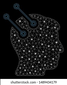 Flare mesh neural interface connectors with glare effect. Abstract illuminated model of neural interface connectors icon. Shiny wire frame polygonal mesh neural interface connectors.