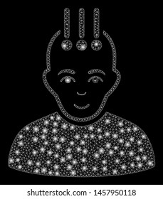 Flare mesh neural interface with lightspot effect. Abstract illuminated model of neural interface icon. Shiny wire frame triangular mesh neural interface. Vector abstraction on a black background.