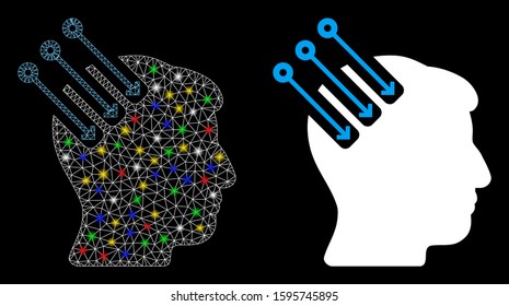 Flare mesh neuro interface icon with glow effect. Abstract illuminated model of neuro interface. Shiny wire frame polygonal mesh neuro interface icon. Vector abstraction on a black background.