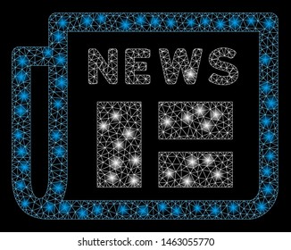 Flare mesh newspaper with glare effect. Abstract illuminated model of newspaper icon. Shiny wire frame triangular mesh newspaper. Vector abstraction on a black background.