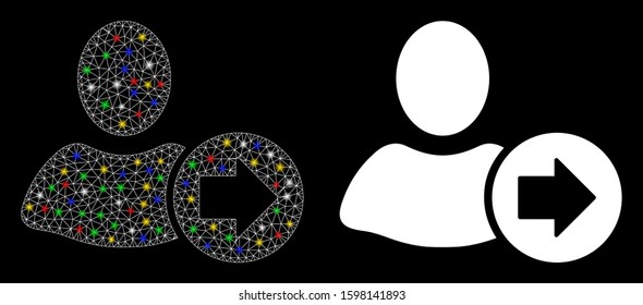 Flare mesh next user icon with glare effect. Abstract illuminated model of next user. Shiny wire frame triangular mesh next user icon. Vector abstraction on a black background.