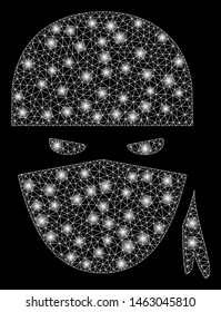 Flare mesh ninja head with sparkle effect. Abstract illuminated model of ninja head icon. Shiny wire frame polygonal mesh ninja head. Vector abstraction on a black background.