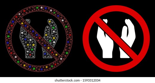 Flare mesh no applause icon with lightspot effect. Abstract illuminated model of no applause. Shiny wire frame polygonal mesh no applause icon. Vector abstraction on a black background.