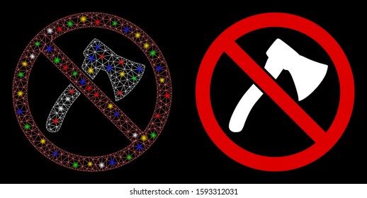 Flare mesh no axe icon with glow effect. Abstract illuminated model of no axe. Shiny wire frame triangular mesh no axe icon. Vector abstraction on a black background.